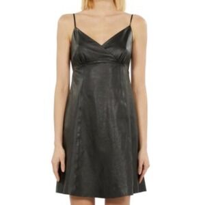 THE KOOPLES Black Faux Leather V Neck Mini Slip Dress with Zipper Detail Size 3